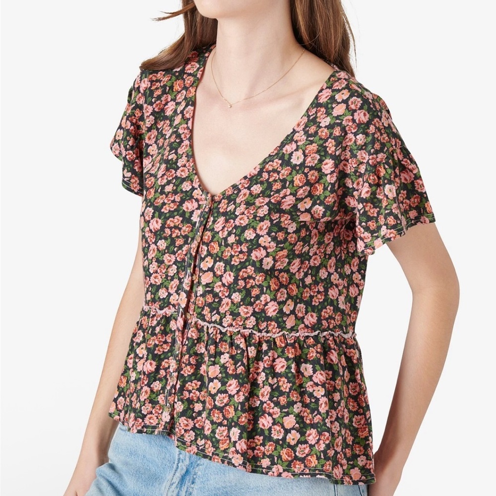 Lucky Brand Women's Brown Floral Print Short Sleeve Button-Up Top - M - Pink